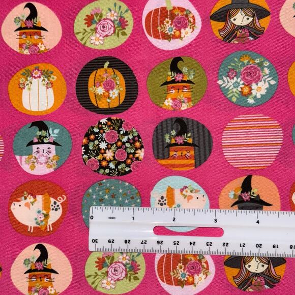 Kitty Loves Candy by Poppie Cotton - Pink Halloween Cat Witch Pumpkin - 1 Yard - Picture 3 of 9